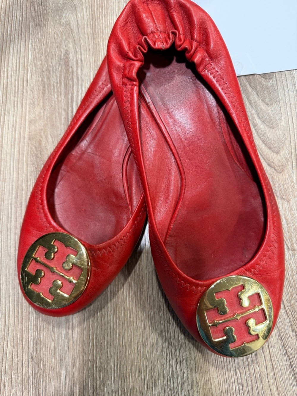 Tory Burch Red Leather Logo Ballet Flats with Gold Medallions